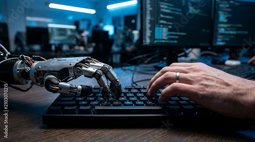 AI Collaboration: A robotic arm and a human hand work together on a keyboard, symbolizing the synergy between artificial intelligence and human effort in a modern technological environment.