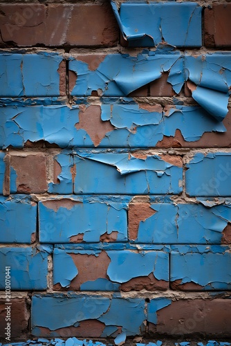 Weathered brick wall with peeling blue paint revealing rustic brown texture underneath