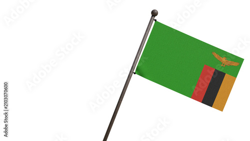 A realistic 3D render of the Zambia national flag waving on a wooden flagpole, isolated against a transparent background with copy space