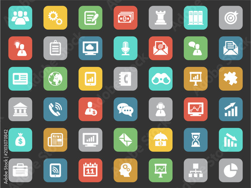 Set of 45 Modern Flat Business and Office Icons, Professional Corporate Management and Finance Vector Symbols