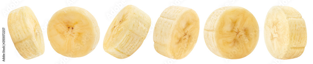 Obraz premium Set of fresh banana slice cross sections from different angles, isolated on transparent cutout background