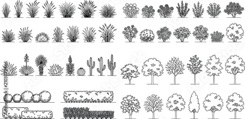 Obraz na płótnie Landscape architecture elevation vector symbols set of trees plants hedges and s