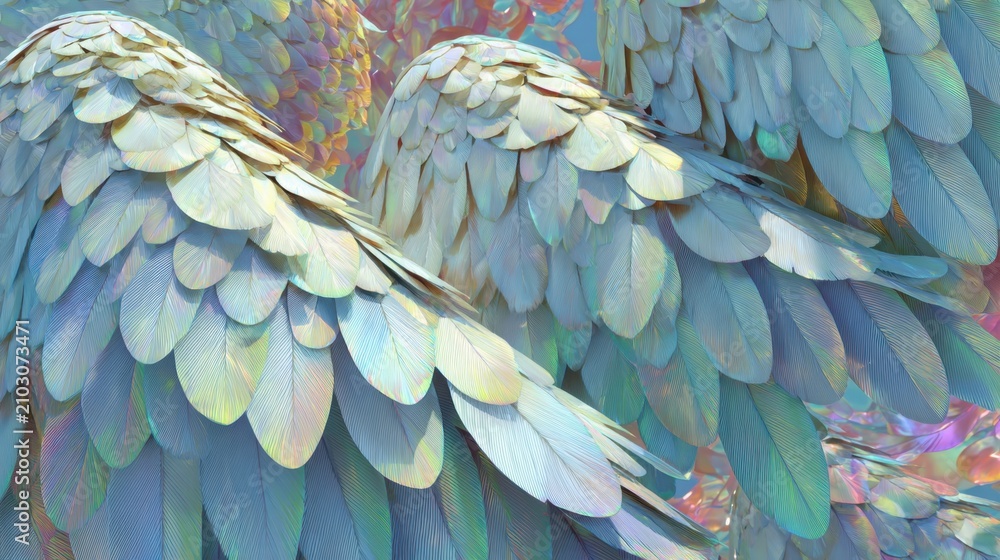 Obraz premium Close-up macro view of iridescent butterfly wing scales displaying a spectrum of shimmering colors and intricate texture.