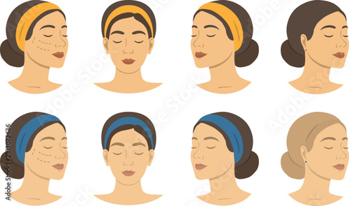 Young Woman Face Portrait Set in Multiple Angles for Skincare Beauty Salon and Cosmetic Treatment Vector Illustration. Beautiful Female Face Collection with Front and Side Views 