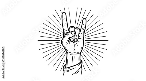 Rock On Hand Gesture With Sunburst Background Illustration transparent background