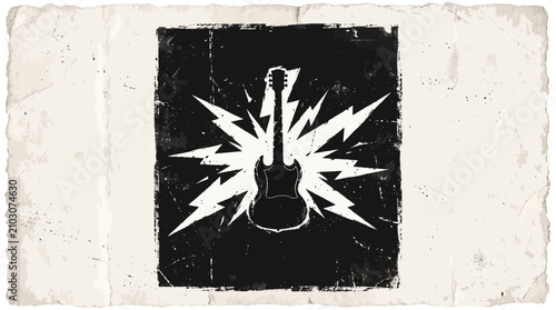 Electric guitar silhouette with lightning bolts on distressed paper background