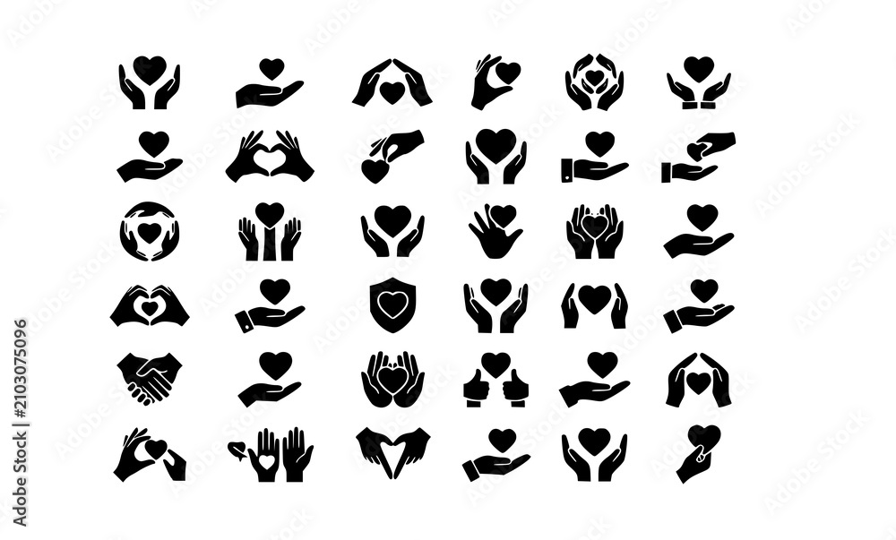 Obraz premium Premium black and white hand holding heart icon pack with modern care charity healthcare and compassion vector symbols isolated on white background