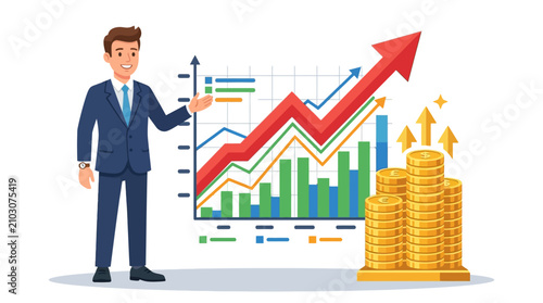 Businessman presenting positive financial growth chart with rising graph and coins
