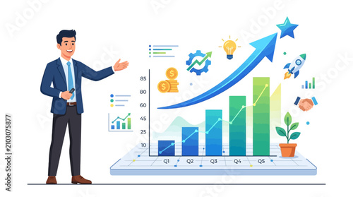 Businessman presenting financial growth chart with upward trend and success symbols.