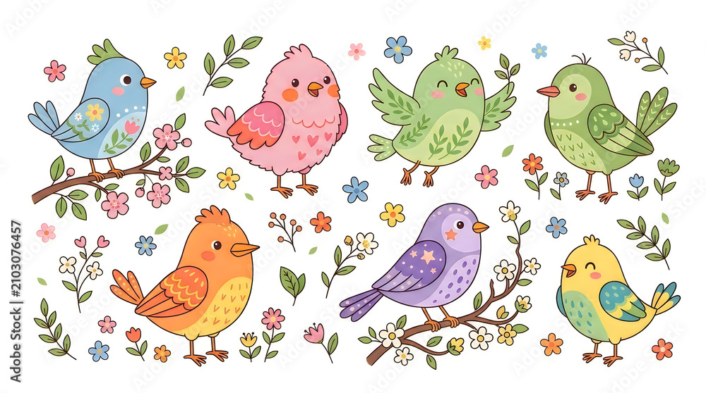 Obraz premium Cute Colorful Cartoon Birds Collection – Flat Vector Bird Clipart Set with Floral Branches, Spring Nature Illustration