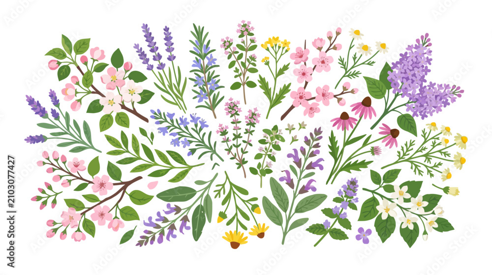 Fototapeta premium Spring Floral Arrangement: Lavender, Blossom & Wildflowers on White