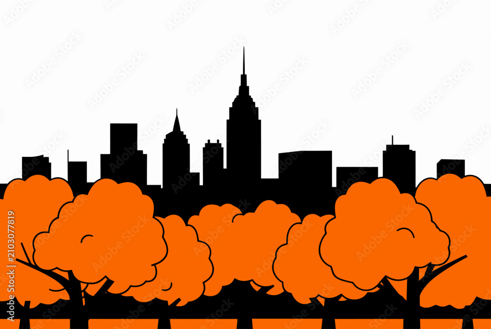 Obraz premium Orange City Skyline With Tree Silhouettes.