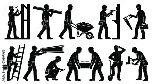 Collection of construction worker silhouettes performing various manual labor tasks and building activities.