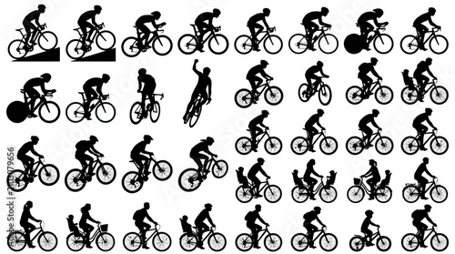 Collection of various black silhouette icons depicting people riding bicycles in different poses and situations.