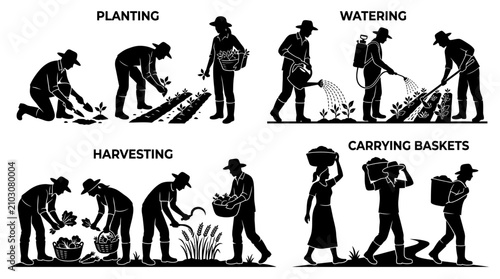 Set of agricultural worker silhouettes performing various farm tasks like planting watering and harvesting crops.