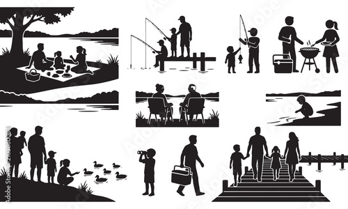 Set of black silhouettes showing families enjoying lakeside activities, fishing, picnicking, and walking on a wooden pier, isolated on a white background