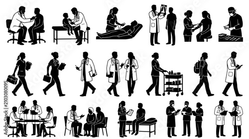 Collection of medical staff silhouettes performing various hospital tasks and patient consultations.