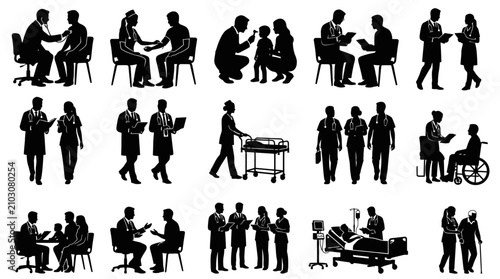 Set of medical silhouettes showing doctors nurses and patients in various hospital situations.