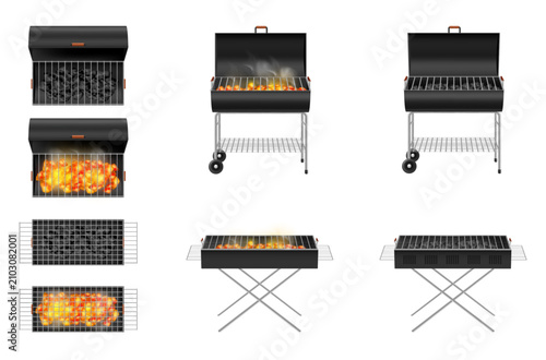 Rectangular barbecue grills, top and angled view with lid and open variants. Vector outdoor cooking equipment for grilling meat and vegetables. Heat source for food preparation in open air