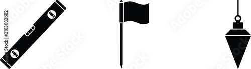 Obraz na płótnie Surveying Equipment Black Silhouette Icon Set with Spirit Level Flag Marker and