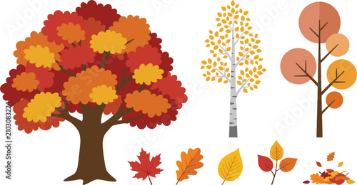 Foto Autumn Trees and Falling Leaves Vector Illustration Set with Maple Oak and Birch
