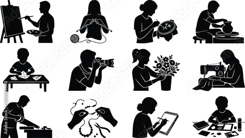 Foto Set of black silhouette featuring people engaged in creative hobbies, arts, craf