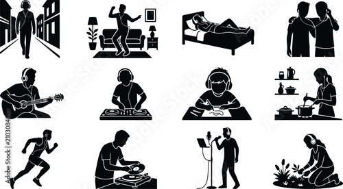 Obraz na płótnie Set of black silhouette showing people listening to music, playing instruments,