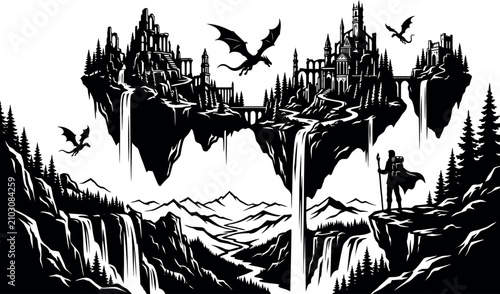 Obraz na plátně Epic Fantasy Vector Illustration featuring Floating Islands, Mythical Dragons, M