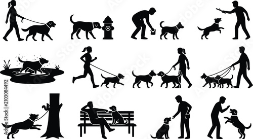 Cuadro en lienzo Set of black silhouettes featuring people and their pet dogs in diverse daily li