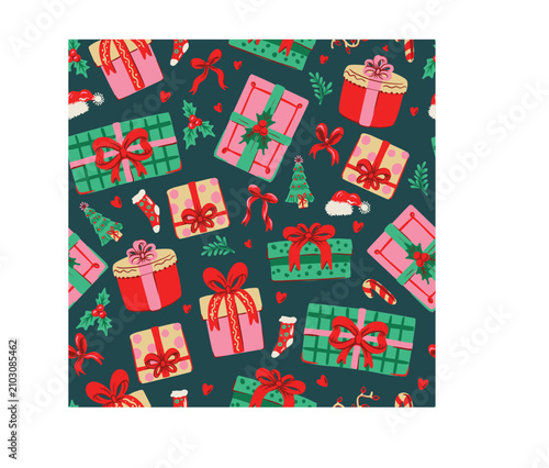 Christmas Gift Seamless Pattern with Colorful Presents Ribbons Holly and Festive Holiday Illustrations