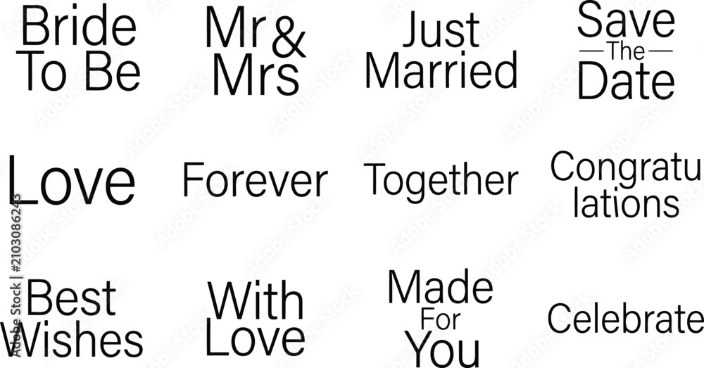 Obraz premium Simple wedding themed typography phrases in black sans-serif font on a white background, including bride to, be, just married, and save the date