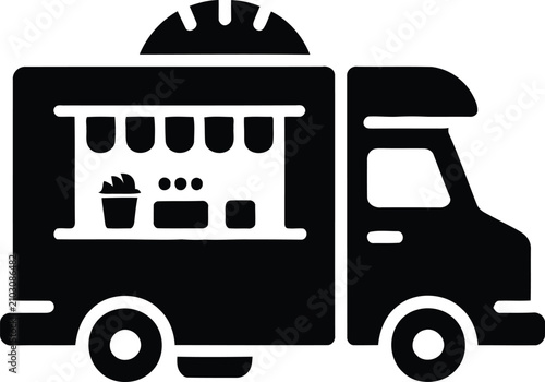 Vector illustration of a black silhouette food truck icon with awning, catering