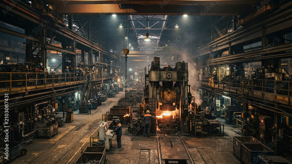 Fototapeta premium Sparks Flying from Welding Work in Large Industrial Workshop