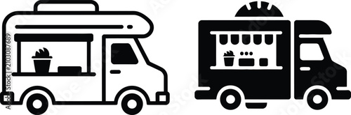 Vector illustration of food truck icon set with catering business silhouette