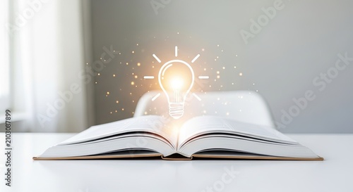 A glowing lightbulb appears to emerge from an open book on a table. The book is positioned on a white surface, and a blurred background suggests a room with a window.