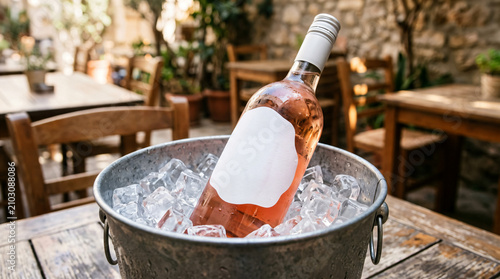 Rose wine bottle in metal ice bucket on outdoor patio table with restaurant
