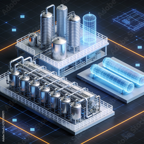 Industrial digital twin of chemical processing plant, 3D isometric factory model with holographic wireframe tanks, smart manufacturing facility concept