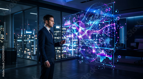 Futuristic Data Visualization: A businessman in a suit interacts with a complex holographic display of glowing charts, graphs, and data streams, set against a backdrop of a modern cityscape at night.