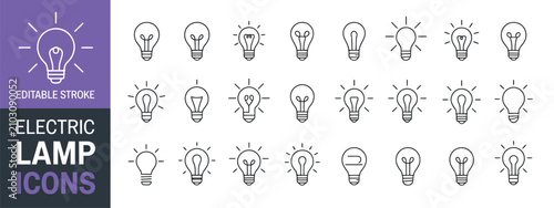 Light bulb icon set, electric lamp symbols with innovation idea solution and creative thinking editable stroke vector illustration