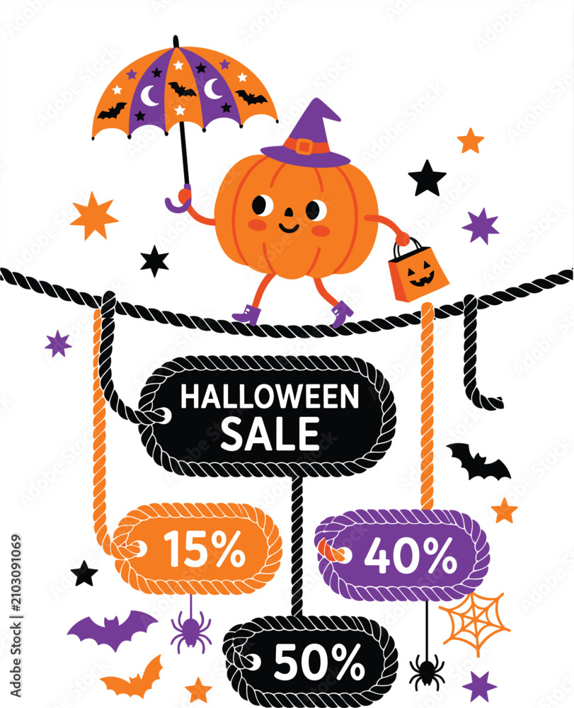 Naklejka premium Halloween sale pumpkin tightrope walker with umbrella and rope discount tags for autumn promotion banner