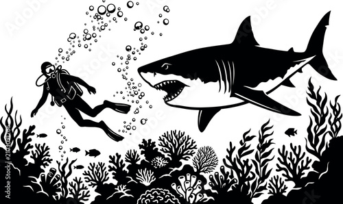 Konstfotografi Dramatic Underwater Adventure Featuring a Scuba Diver and a Great White Shark Swimming Over a Detailed Coral Reef - High Contrast Black and White Vector Clipart for Diving and Marine Art