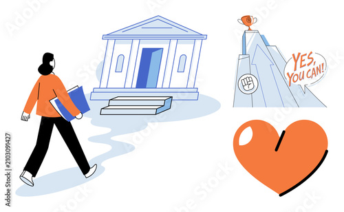 Student walking toward university building with trophy and heart icons vector illustration. Academic achievement, personal development, career goals, motivation, learning, passion. Scholar heading to