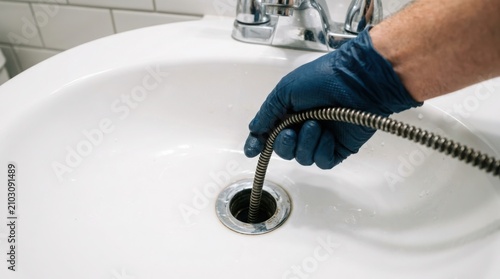 Plumber in gloves using a drain cleaning tool to unclog a bathroom sink with plumbing cleaning maintenance bathroom sanitation