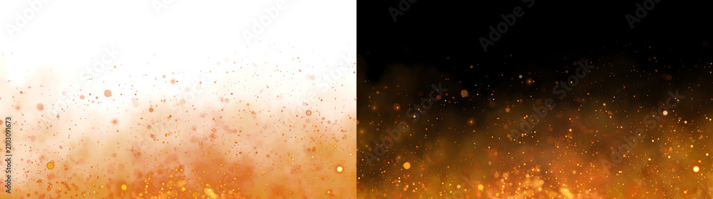 Fototapeta premium Orange Fire Sparks glow warmly with rising embers and floating light particles in PNG, Transparent and Black Background Versions