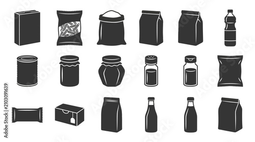Set of various food packaging and grocery item icons in black and white.