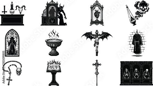 Obraz na płótnie Collection of gothic and occult symbols featuring skulls, crosses, altars, and d