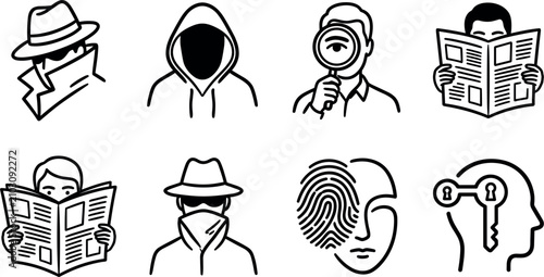 Spy and Cyber Security Line Icon Set with Hacker, Detective, Magnifying Glass, Newspaper, Fingerprint, and Privacy Symbols for Website Graphic Designs