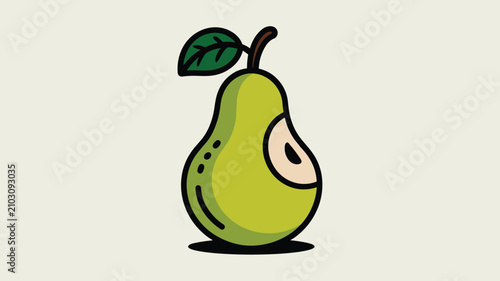 Cute cartoon green pear with a small bite taken out of it and a leaf on top isolated on a light beige background.