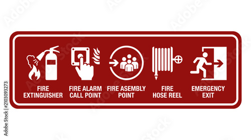 Red Fire Safety Sign Collection with Emergency Equipment and Evacuation Exit Icons
