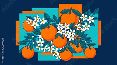 Vibrant flat illustration of ripe oranges with white blossoms on a branch against a bold blue background.